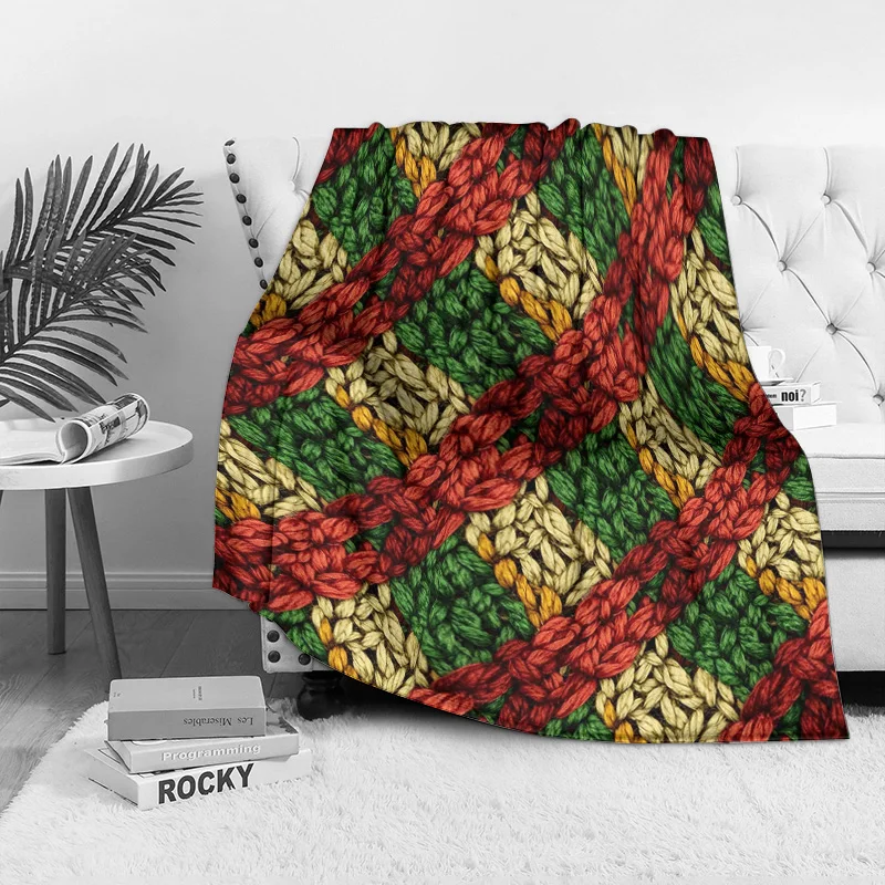 Color Block Striped Fleece Blanket, Green Red Yellow Diagonal Pattern, Soft Woven Throw for Modern Living Room Decor