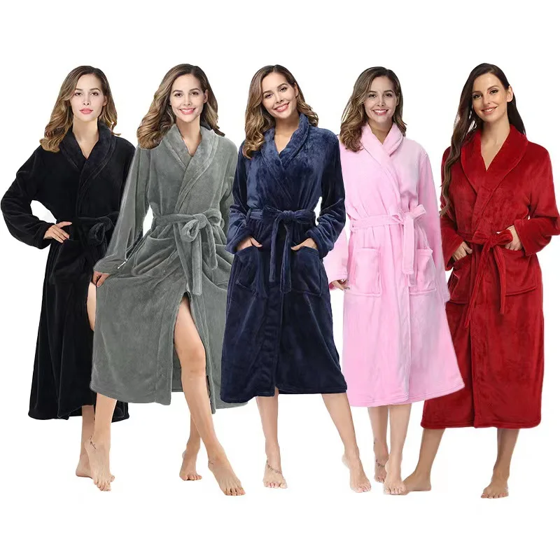 Women's Solid Color Lapel Pajamas Yukata Autumn and Winter Long Sleeved Bathrobe Warm and Comfortable Suitable for Family Wear