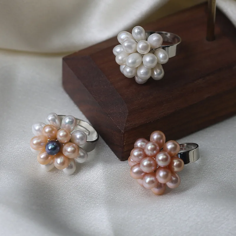 Elegant Natural Freshwater Pearl Flower Rings for Women Bridal 5-6mm Small Rice Baroque Pearl Ring Bands Wedding Luxury Jewelry