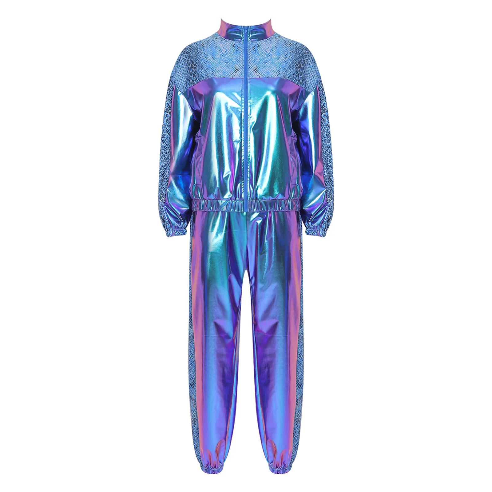 Damen Metallic Glänzendes Disco Hip-Hop Kostüm 80er Jahre Jazz-Tanz-Outfit Langarm-Jacke mit Frontreißverschluss und Jogginghose – Detail 22