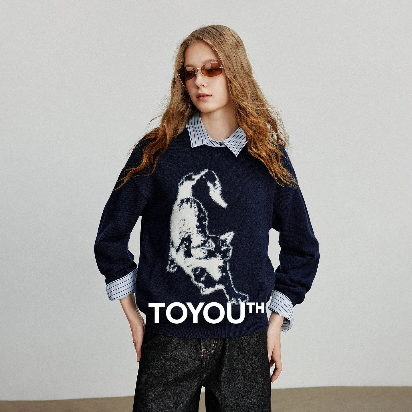 

TOYOUTH Women Knitted Sweater 2025 Autumn New Cat Jacquard Round Neck Retro Pullover Woolen Top Wine Red