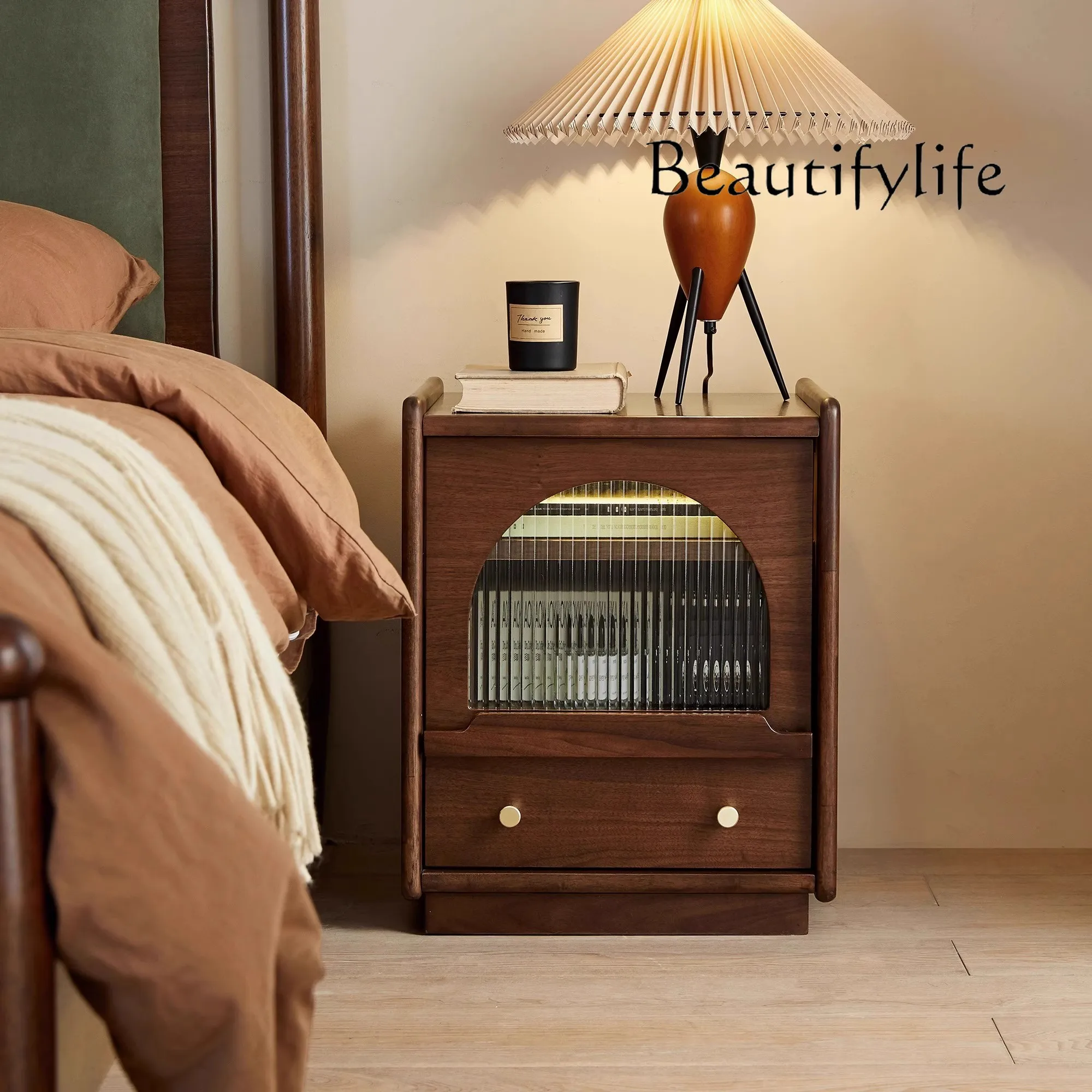 Nordic Solid Wood Bedside Cabinet Bedroom Storage Glass Small Cupboard with Drawers Household Storage Push-Pull Cabinet