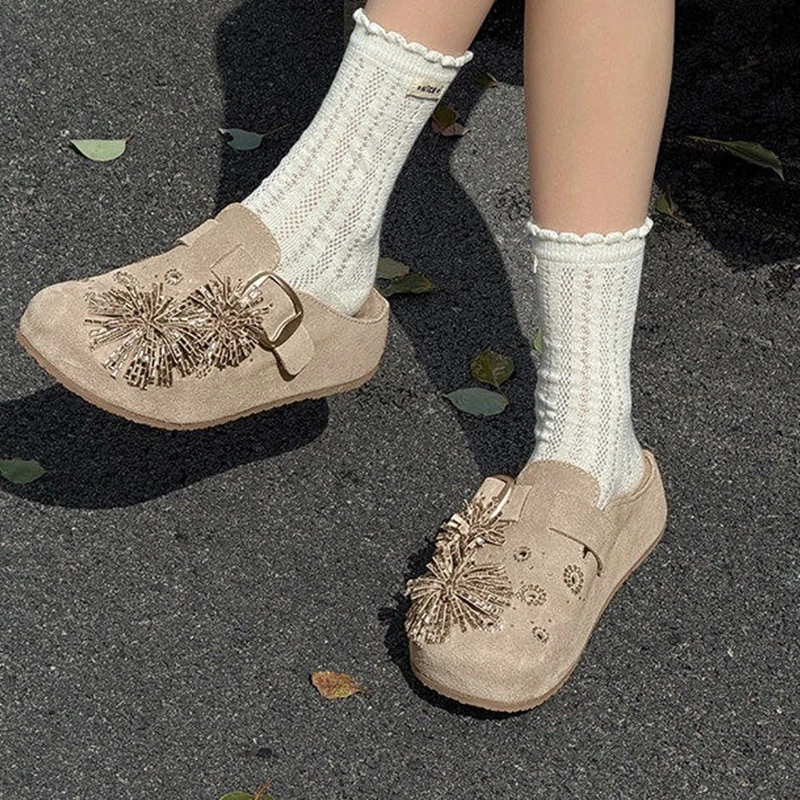 Luxury Brand Design Rhinestone Decoration Flat Shoes Women's Casual Thick-soled One-pedal Baotou Half Slippers Female