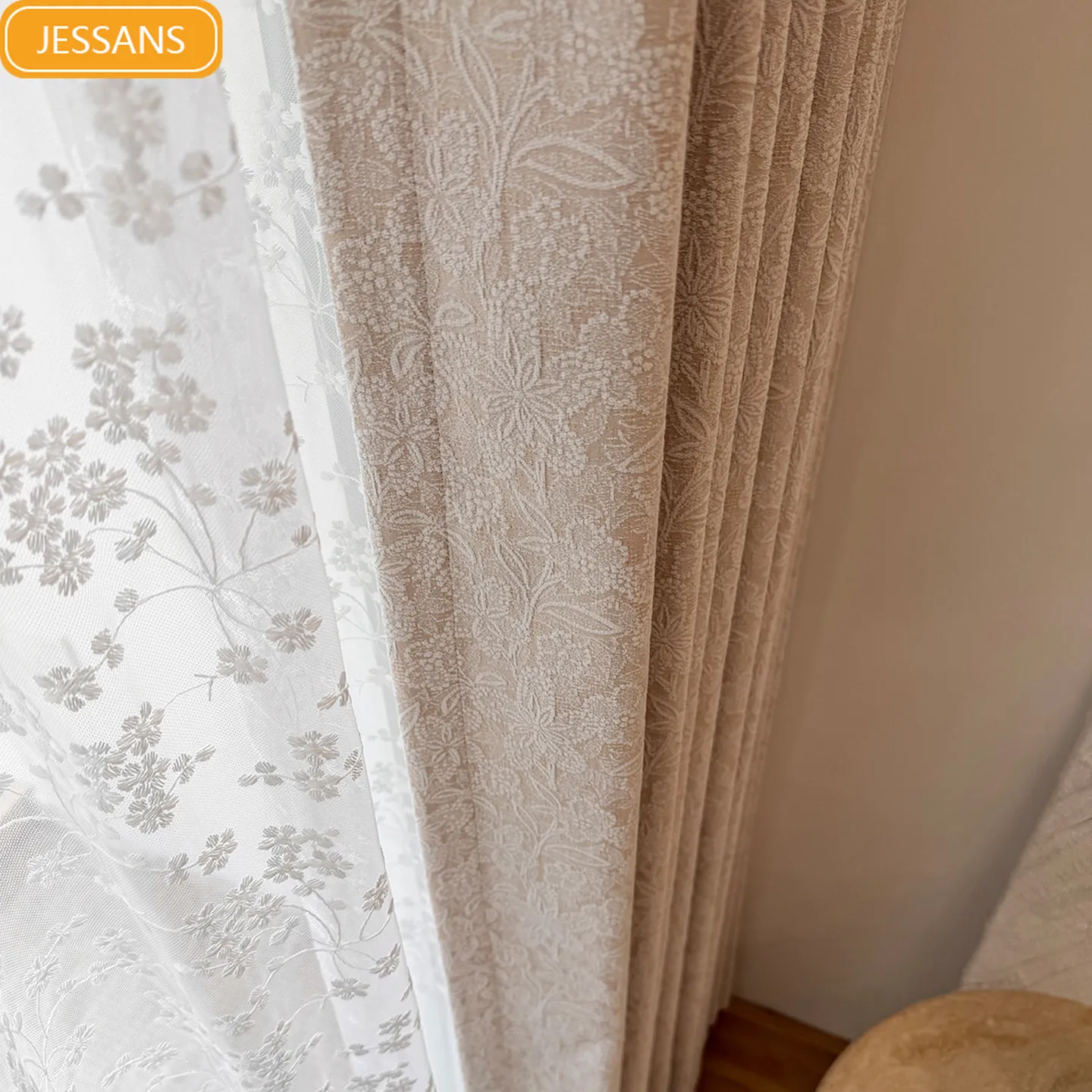 French Retro Relief Jacquard Milk Tea Colored Curtains for Living Room Bedroom Partition Curtains Customized Finished