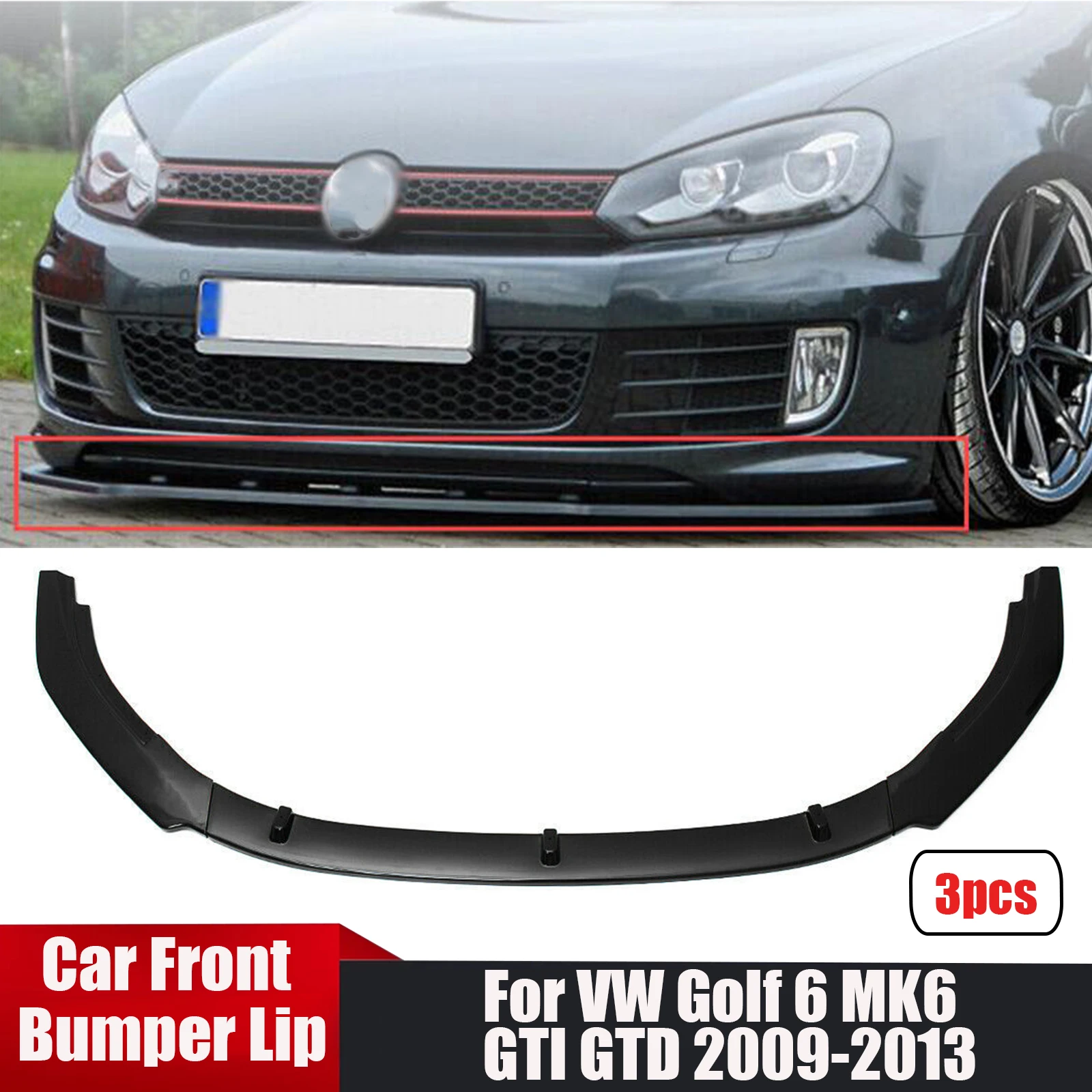 

3PCS Car Front Bumper Lip For VW Golf 6 MK6 GTI GTD 2009-2013 Splitter Diffuser Spoiler Body Kits Gloss Black/Carbon Fiber Style