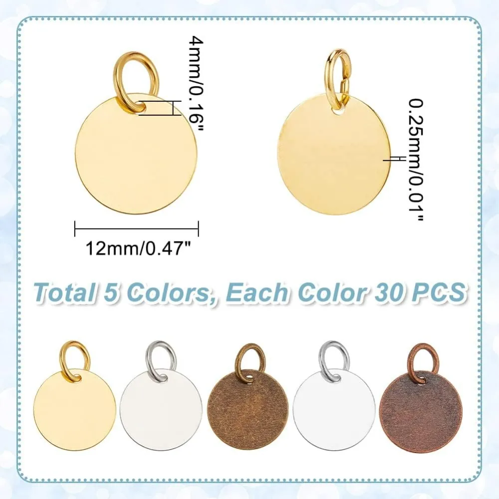 150pcs Blank Stamping Tag Pendants, 5 Colors 12mm/0.5 inch Message Word Tag Pendants Brass Flat Round Tags with Jump Rings for