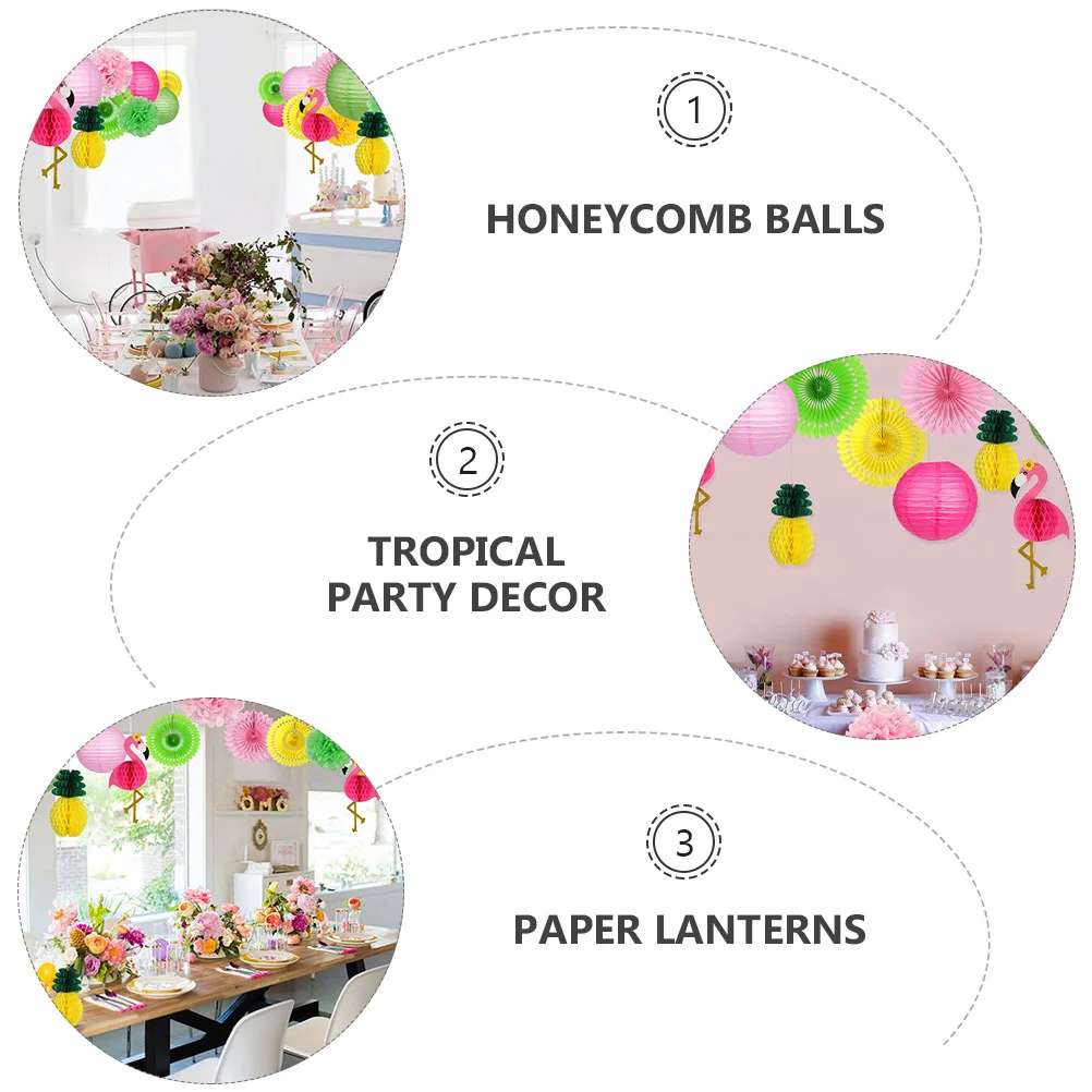 

13Pcs Tropical Style Paper Honeycomb Balls Flamingo Pineapple Shapes Foldable Hanging Paper Lanterns Party Decor