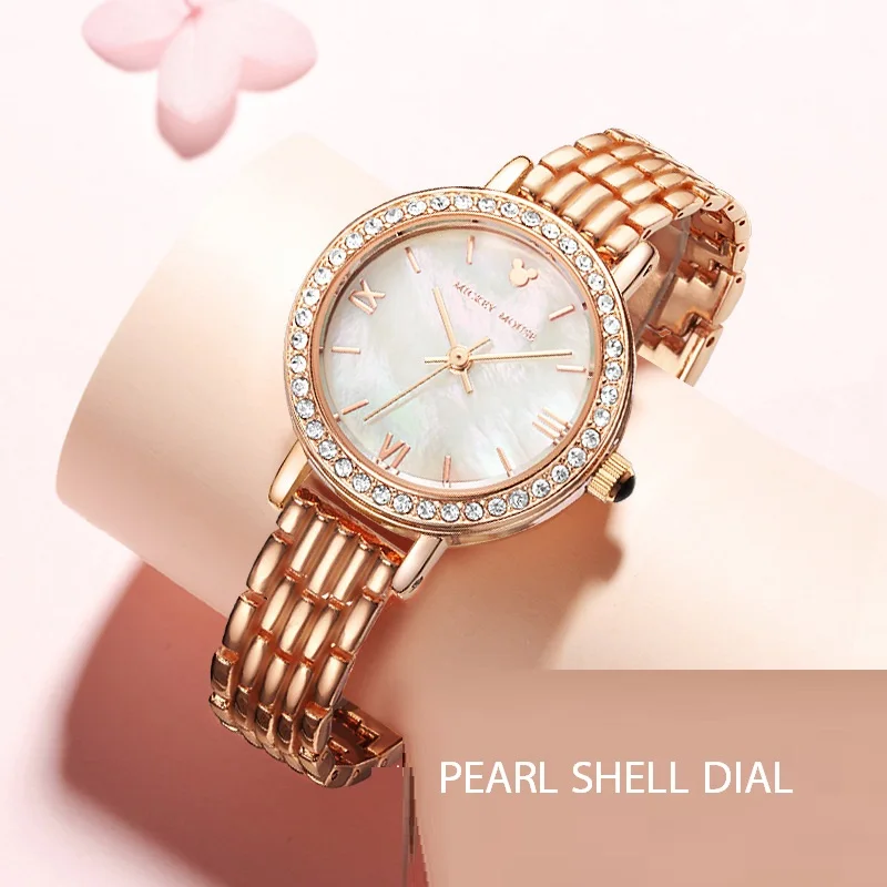 Disney Brand Original Mickey Mouse Women WristWatch Lady Fashion Quartz Clock Pearl Shell Dial Zircon Diamond Waterproof Religio