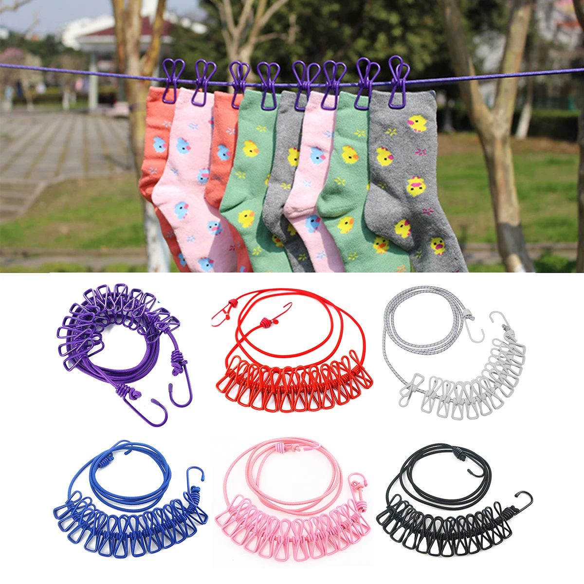 

12 Clips Creative Elastic Outdoor Portable Elastic Travel Clothes hanger Windproof Outdoor Clothesline Laundry Drying Line