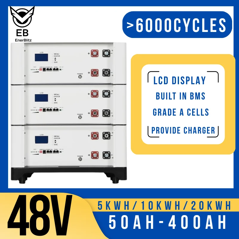 

EB 6000 + Cycles Lifepo4 Аккумулятор 10 кВтч 20 кВтч 48 В 51,2 В 50 Ач 100 Ач 200 Ач 300 Ач 400 Ач CAN RS485 RS232 Аккумулятор для фотоэлектрической солнечной системы
