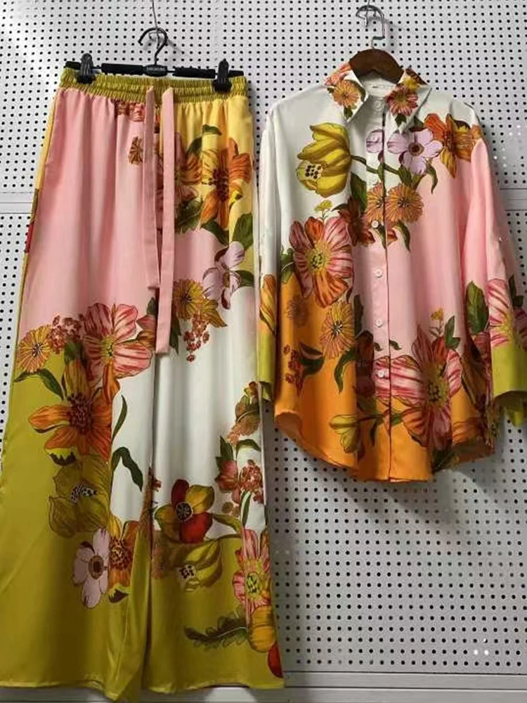 قميص عتيق بأكمام طويلة وطباعة هندسية مكون من قطعتين 2025 ملابس نسائية ربيعية + سراويل فضفاضة واسعة الساق بدلة على الموضة