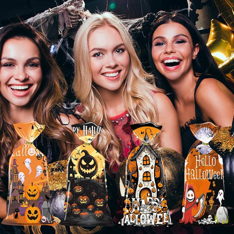 50pcs Scary Ghost Pumpkin Happy Halloween Candy Gift Bags Trick Or Treat Bags Party Decorations Favor Goodie Gift Wrapping Bags