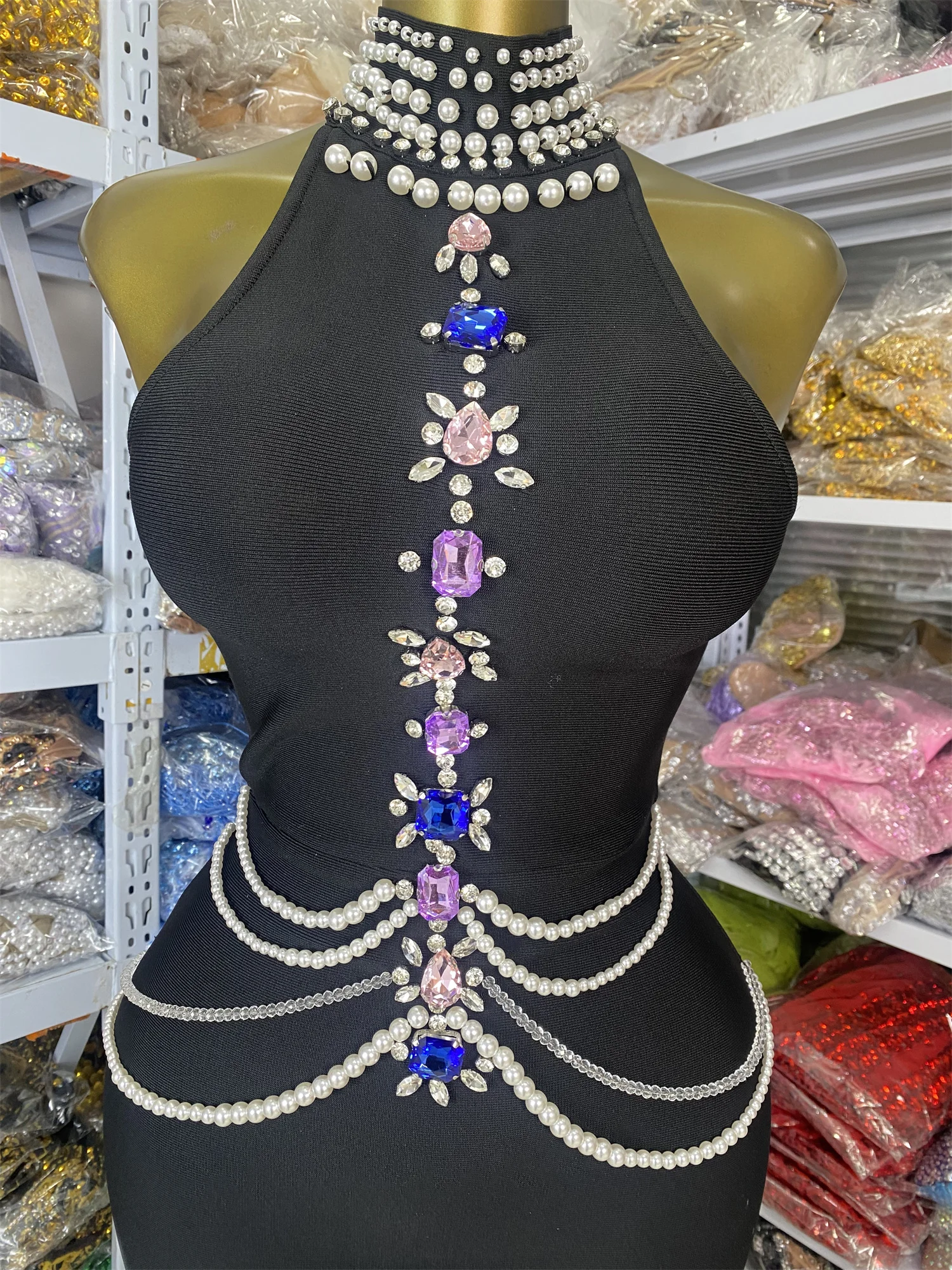 

Factory Wholesale 2026 New Bandage Dress Women Luxury Sleeveless Turtleneck Crystal Pearls Ebroidery Long Birthday Evening Party