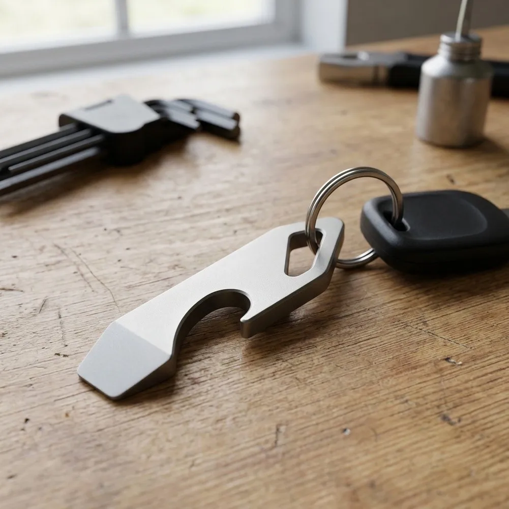 Compact Titanium Pry Bar Keychain Tool 45mm 5.6g with Bottle Opener for EDC Minimalist Lifestyle and Practical Use