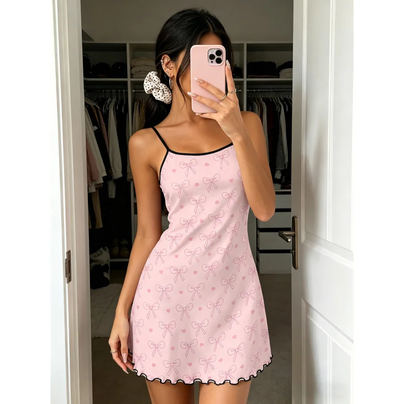 Women Summer Nightdress Spaghetti Strap Ruffle Trim Round Neck Home Loungewear Sleep Dress Cute Bow Print
