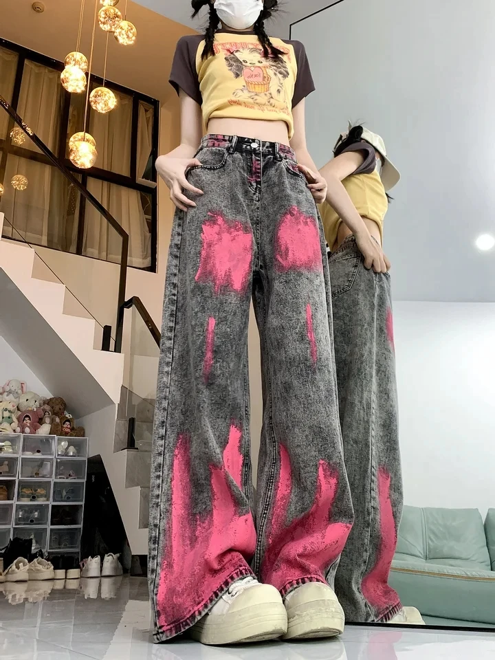 Graffiti Design Jeans American High Street Personality Retro Wide-Leg Pants Women Hip-Hop Loose Fall Dare Mop The Floor Trousers