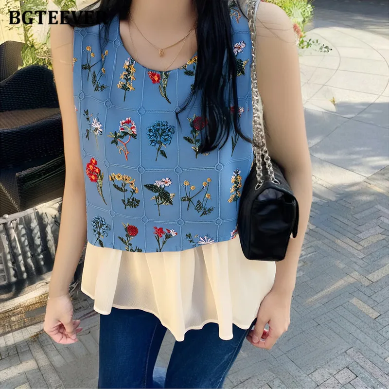 

BGTEEVER винтажные женские блузки без рукавов с вышивкой и принтом, летние сетчатые лоскутные рубашки для женщин