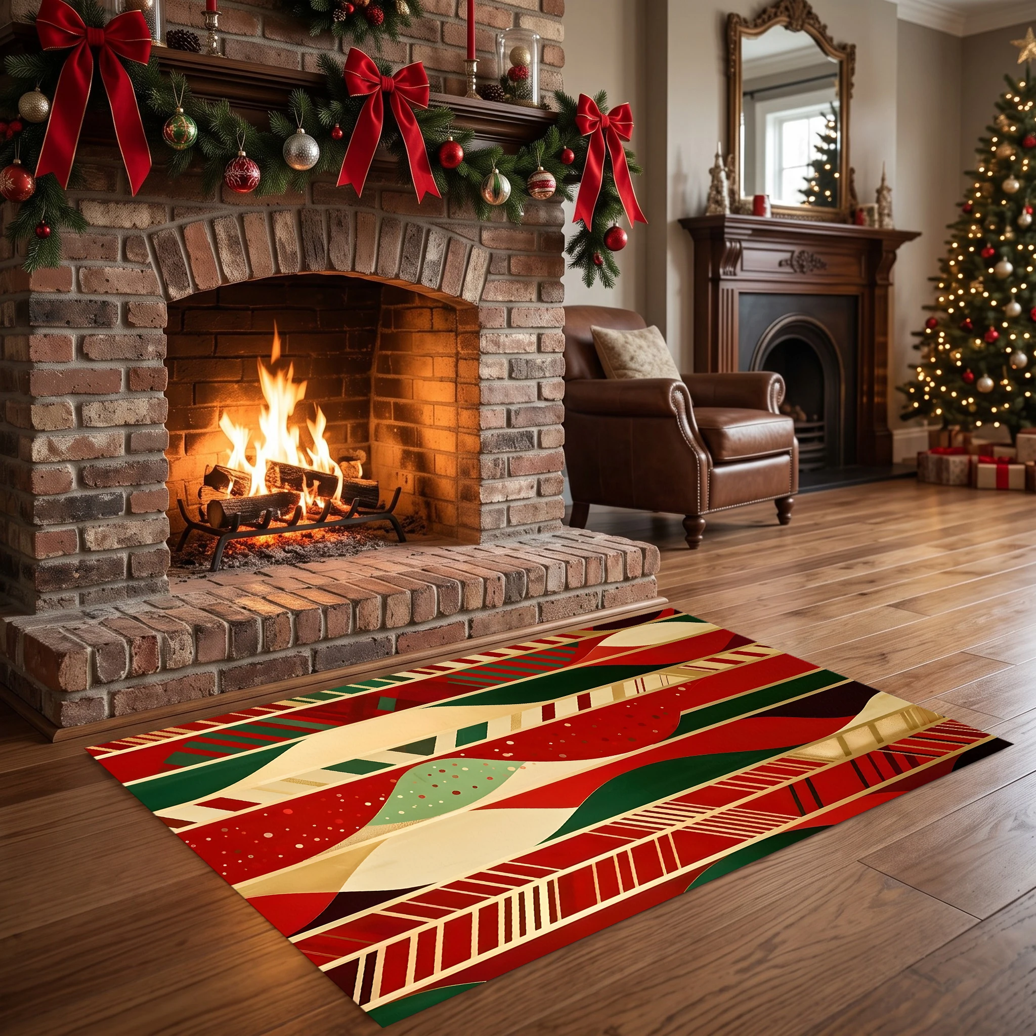 Velvet Rug Retro Red Green Gold Glitter Wave Geometric Stripe for Entryway Living Room Bedroom Home Decor