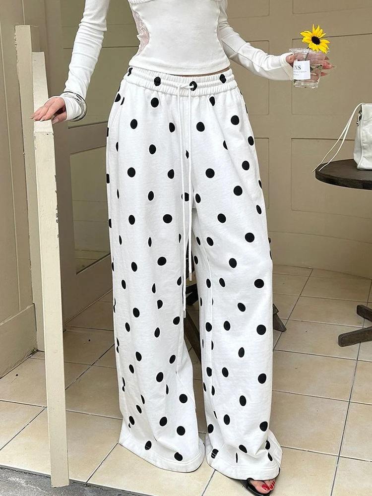 Fashion Dot Wide Leg Pant Women Sweet Loose High Waist Casual Trousers Summer Lace Up Chic Pockets Female All Match Pants New
