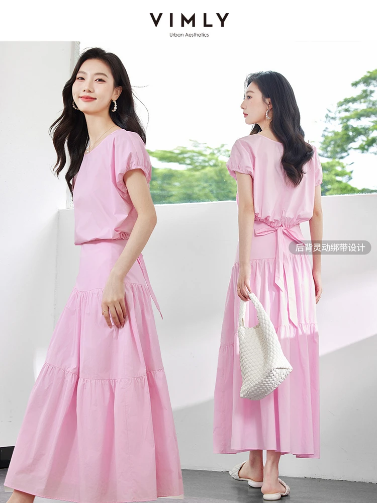 VIMLY Women's French Elegant Pink Skirt Set Summer New Strappy Puff Short Sleeve Shirt Top + Draped S-Line Skirt Two Piece Set