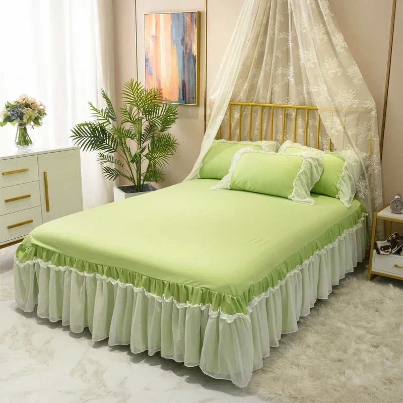 Korean version of green princess windbed skirt four-piece set washed cotton girl heart lace chiffon lace