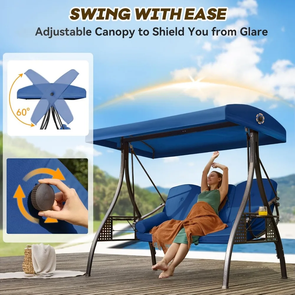 3 in 1 Outdoor Porch Swing with Adjustable Canopy, 3 Seat Outdoor Swing for Adults, Patio Swing Chair with Thickened Cushions image 4
