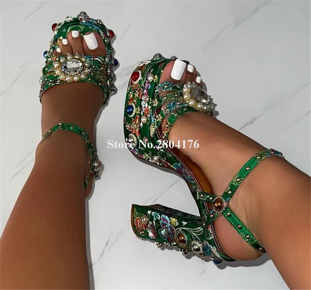 Bling Bling Colorful Rhinestones Decorated Chunky Heel Sandals Pink Blue Gold Diamonds High Platform Thick Heel Party Heels