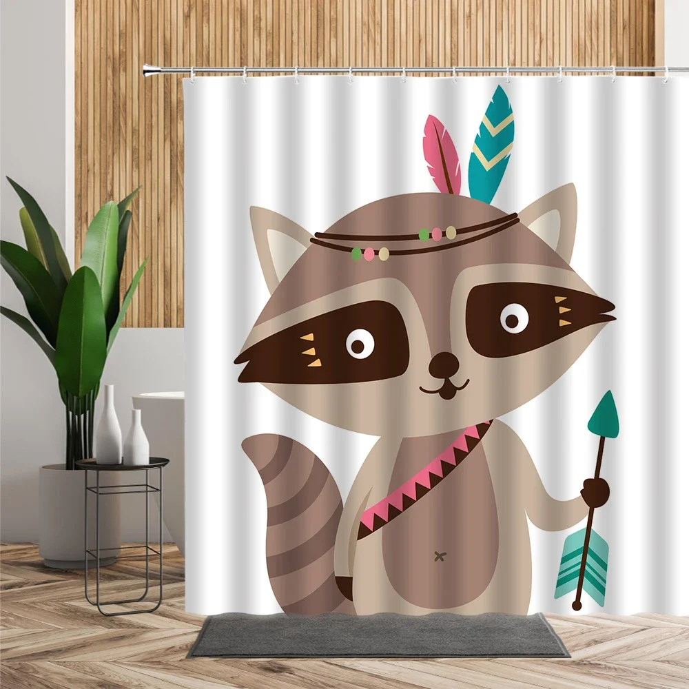 3D Cartoon Art Forest Animals Printing Shower Curtain Waterproof Fabric Bathtub Screen Childrens Bathroom Decoration with Hooks