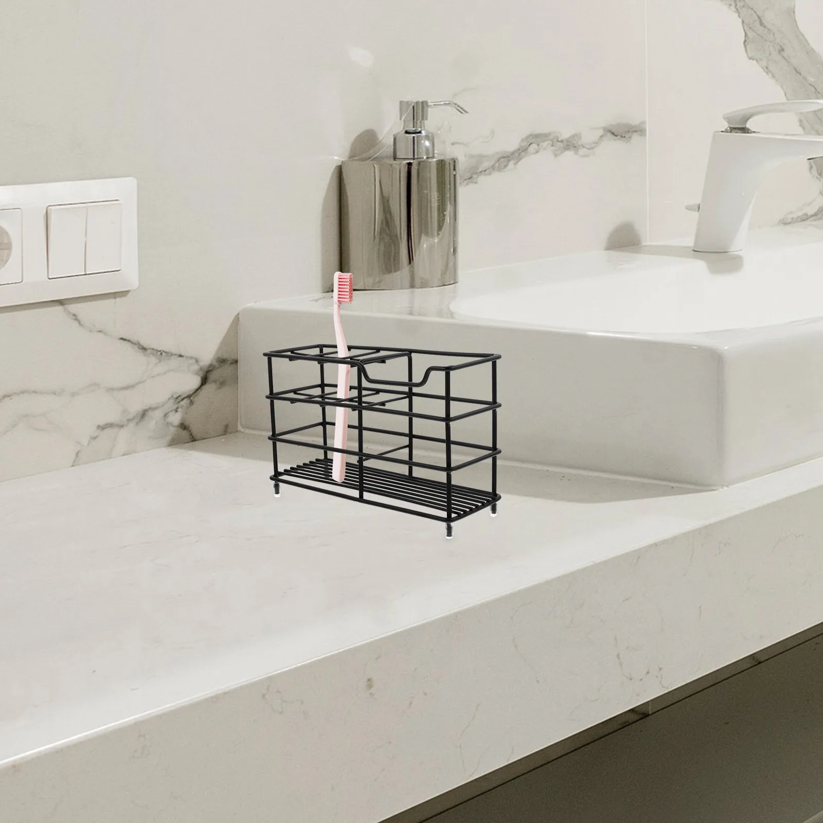 

Stainless Steel Toothbrush Holder 6 Compartments Bathroom Organizer Countertop Toothpaste and Electric Toothbrush Rack