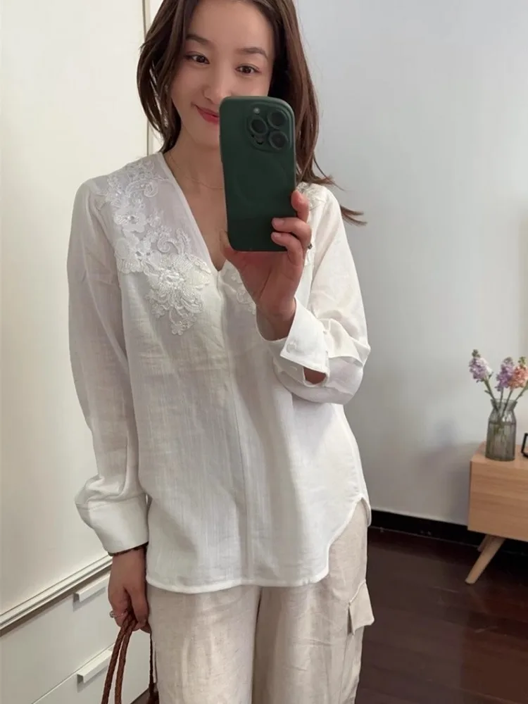 Femmes bureau élégant couleur unie à manches longues pull chemise col en v mode perles broderie paillettes coupe ample Blouses décontractées