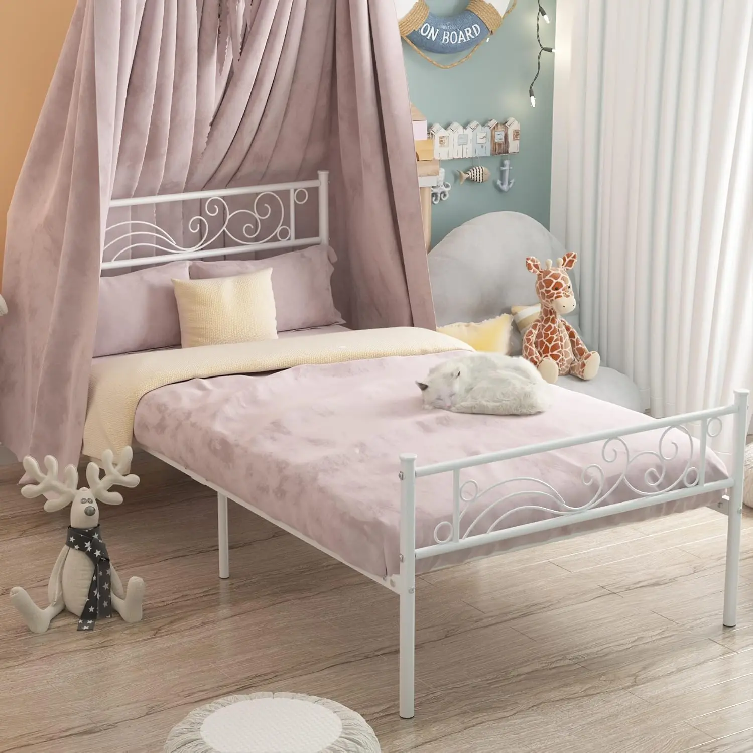 

Twin Size Platform Bed Frame With Flower Design,Strong Metal Slats Support,Easy Assembly No Box Spring Needed White