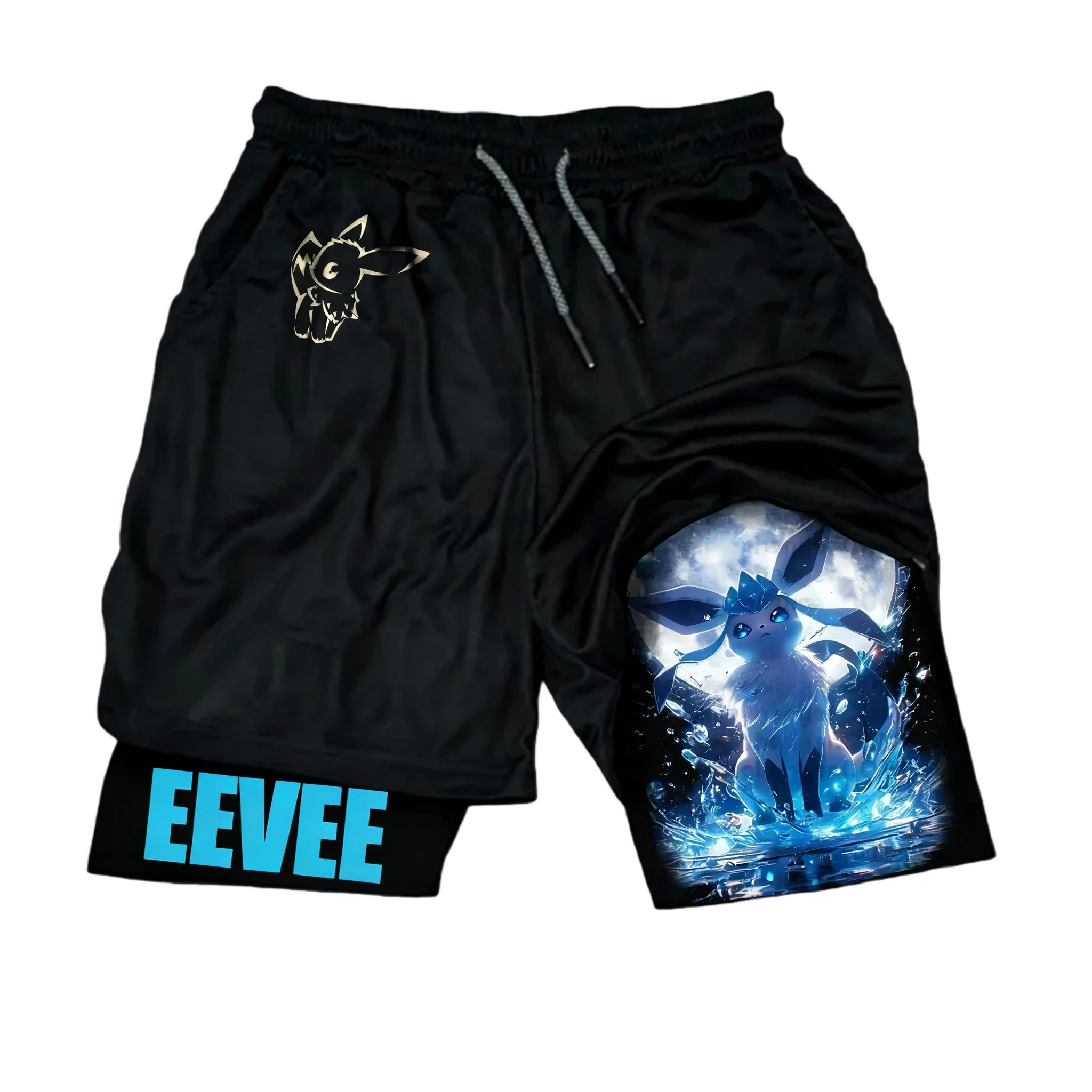 Pok É Mon أنيمي الرياضة امتصاص العرق طبقة مزدوجة السراويل 2025 الرجال الصيف شارع جديد التجفيف السريع موضة السراويل القطن الخالص