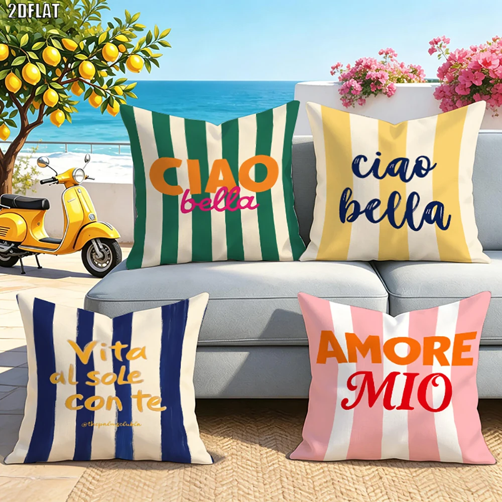 4pcs Italian Quote Striped Throw Pillow Covers Decorative Cushion Cases for Sofa Bedroom Living Room