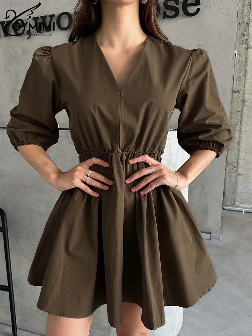 Oymimi Casual Light Gray V-Neck Womens Dresses Elegant Half Sleeve High Waisted Dresses Fashion Pleated Mini Dress Streetwear