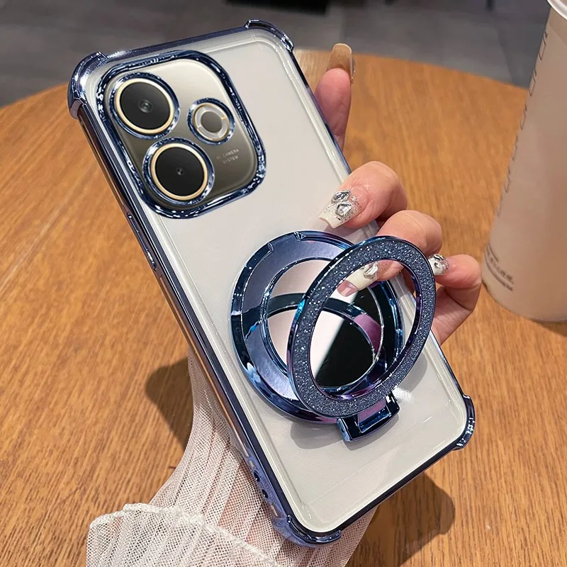 Étui souple de luxe avec placage brillant et support miroir pour Honor X8d, coque antichoc en silicone avec airbags aux quatre coins et support intégré pour Honor X8d