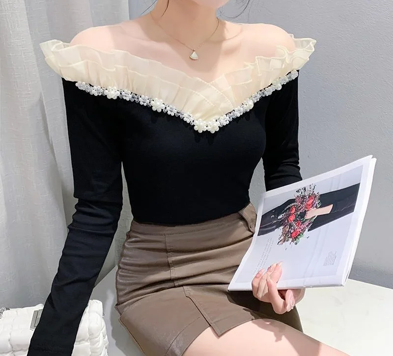 

Fashion Woman Blouse Spring Beading Ruffles Off Shoulder Casual Plain Long Sleeve Skinny Daily Tee Top Woman Clothing