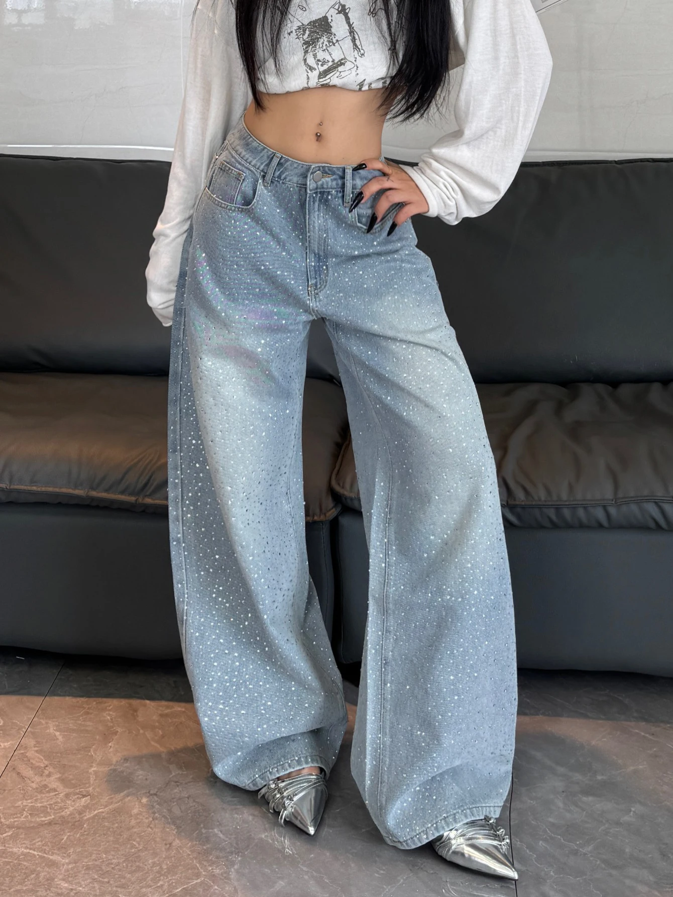 1 Pc American-Style High-Street Niche Design Rhinestone Loose-Fit Jeans For Women, Washed Stylish Versatile Wide-Leg Pants