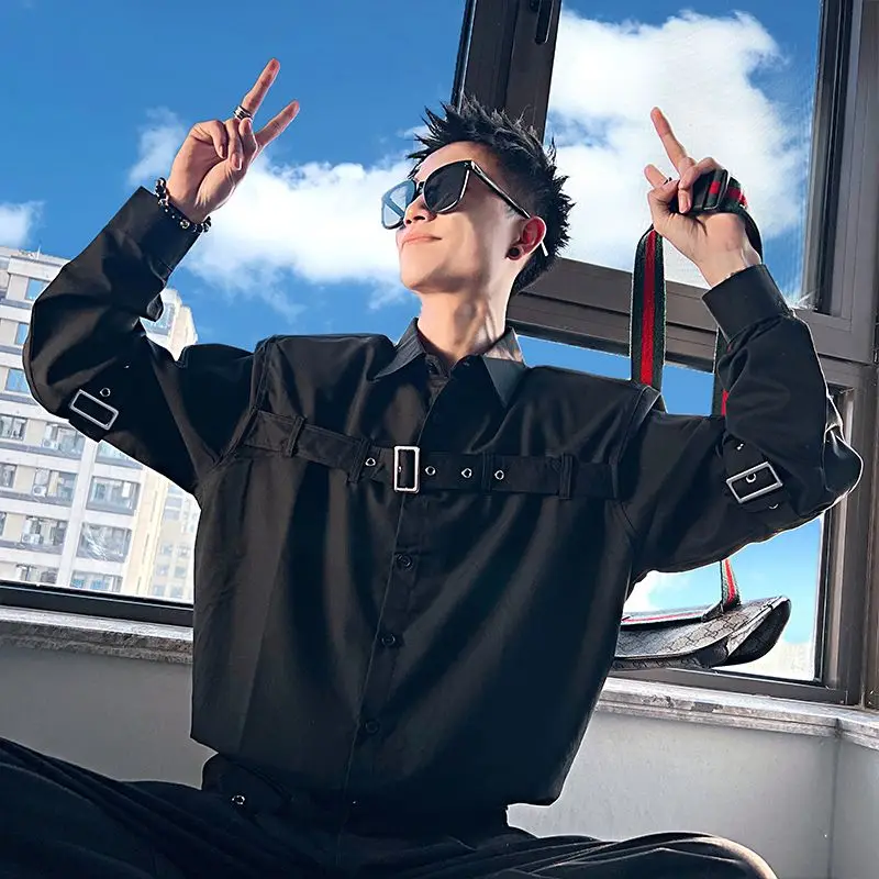 Spring Autumn Men's Casual Shirt with Fashionable Functional Dark Style Y2K Solid Long-sleeve Outfit for Men