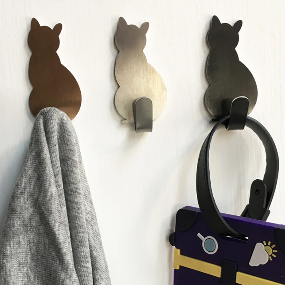 2pcs Cat Pattern Self Adhesive Hooks Storage Holder for Bathroom Kitchen Hanger Stick on Wall Hanging Door Clothes Towel Racks