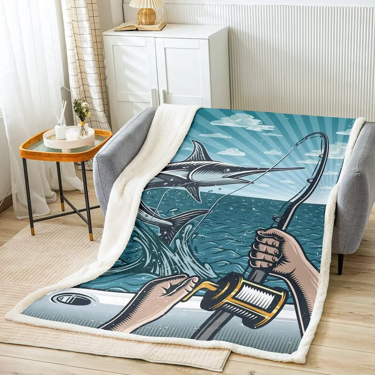 

Kids Marlin Swordfish Fleece Throw Blanket Nautical Fishing and Hunting Sherpa Blanket for Bed Sofa Couch Bedroom Ocean