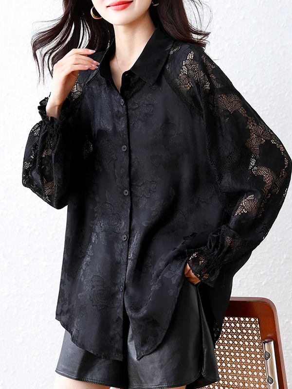 

Elegant Lace Splicing Long Sleeve Shirt plus Size Spring New Style Floral Embroidery Slimming Effect Brand New 2026 Collar