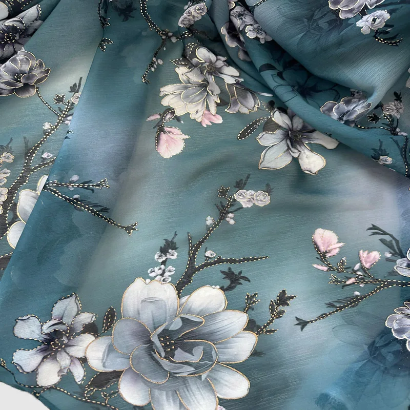 Floral Printed Chiffon Fabric, See through Flower Print Tulle, Suitable For Summer Dress or Evening Gown, By the yard, Navy Blue