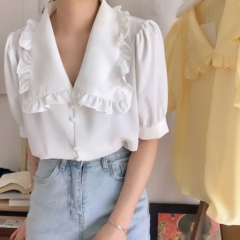 Women Blouses Solid Ruffles Sweet Short Sleeve Peter Pan Collar Tender Elegant Teens All-match Retro Ulzzang Lovely XS-3XL Daily