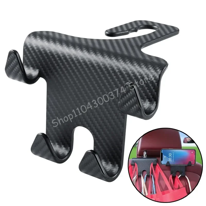 

Carbon Fiber Car Seat Back Headrest with 4 Hanging Hooks Auto Back Seat Hanger Hook for Purse and Bags Car Interior Accessories