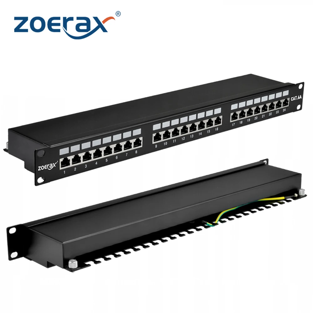 ZoeRax 24 Port CAT6A Shielded Patch Panel RJ45 CAT6A CAT6 CAT5E CAT5 Network Integrated Cable Organizer 1U 19-inch Patch Panel