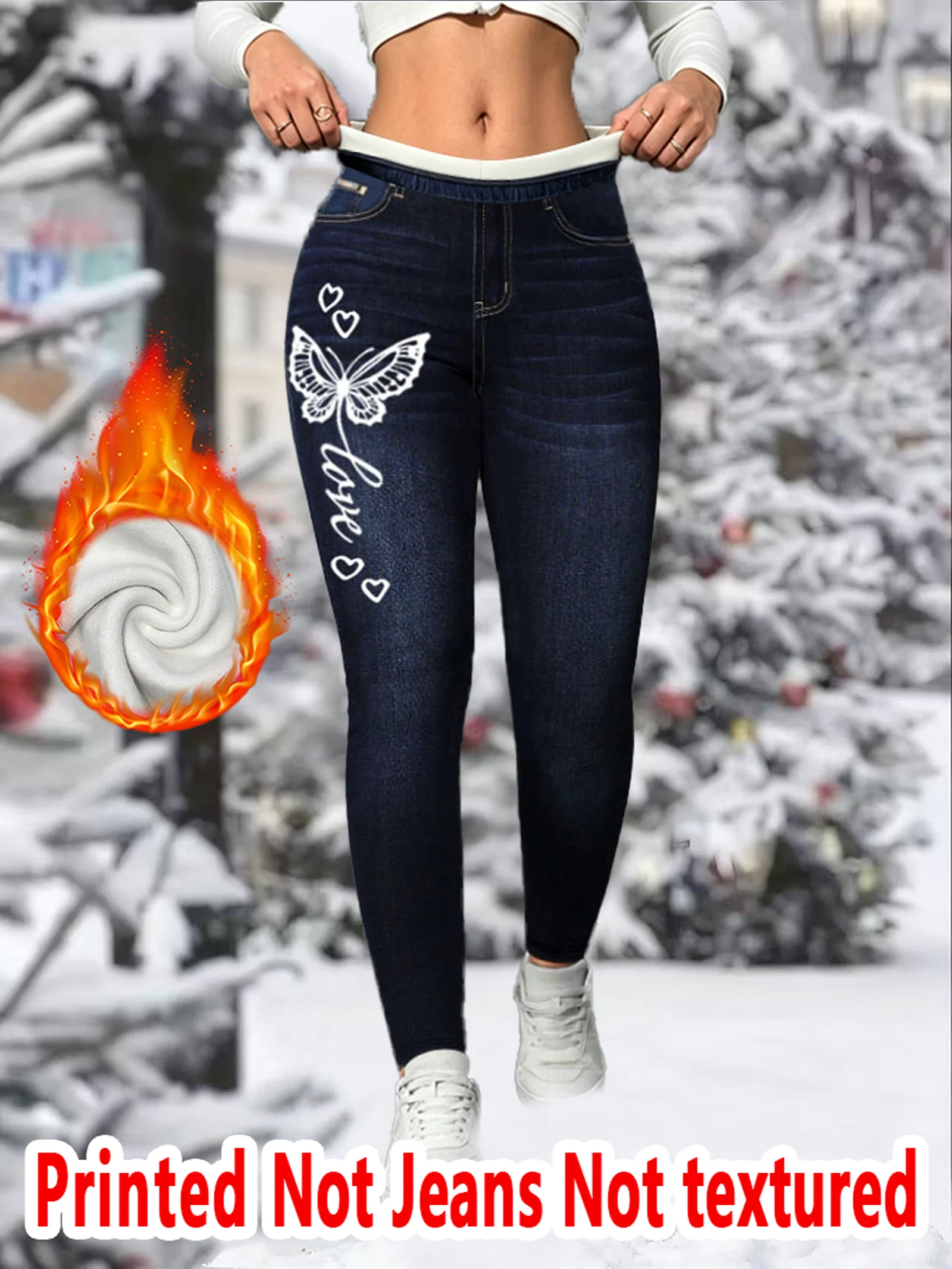 8527  Women's Faux Denim Print Tight Pants Micro Fleece Slim Fit Autumn Winter Base Layer Trousers Non- Denim Fabric Textureless