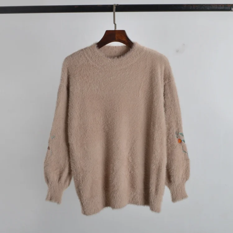 

Comfortable Soft Embroidered Long Sve round Ne Pullover Loose Fit Women's Top Skin-friendly Commute Faux Fur Coat