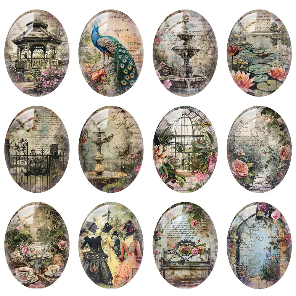 

10pcs/lot Retro Flower Secret Garden Oval Photo Glass Cabochon Flatback Demo Flat Back Cameo For Diy Jewelry Making Supplies