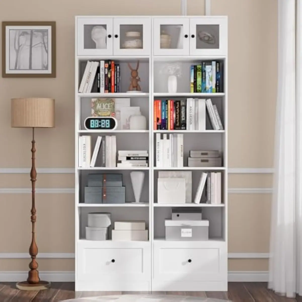 Tall 85.5 inch floor-standing white storage unit with 7 open shelves and 1 concealed drawer, rectangular engineered wood cabinet
