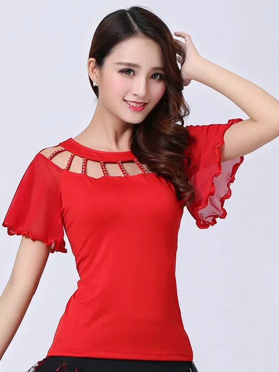 

Топ для бальных танцев, топ для общественных танцев, ажурный топ с расклешенными рукавами, большой размер, с коротким рукавом, рабочая одежда для тренировок